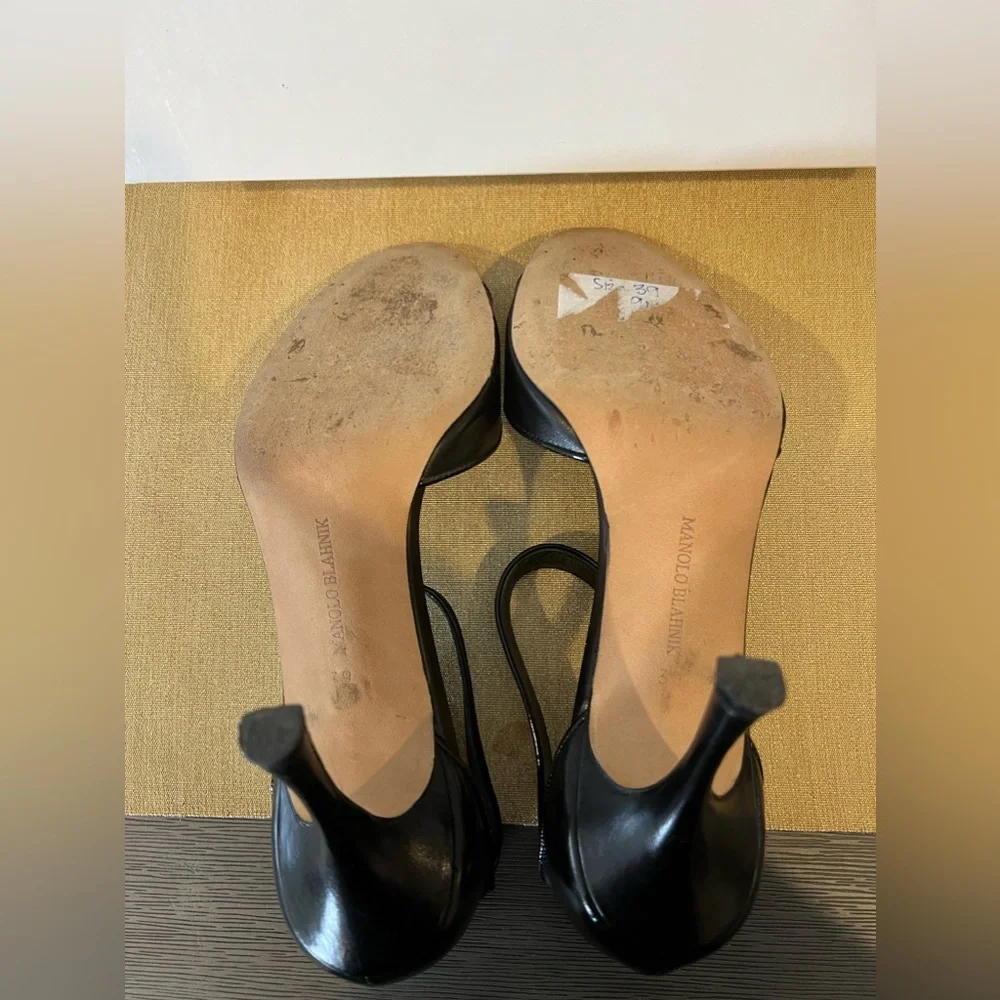 MANOLO BLAHNIK Roon Open-Toe Ankle-Wrap Sandals Black Leather High Heel 39 XE - Picture 4 of 5